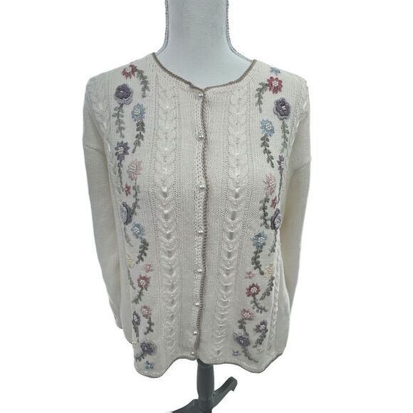 Jenny Vintage floral button down Sweater with pearl buttons cotton / Ramie (gra - Picture 9 of 12